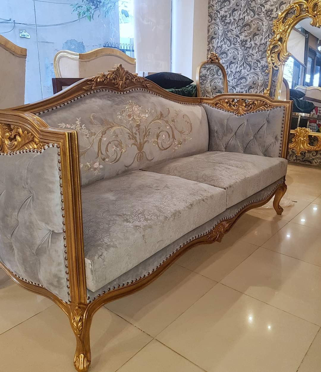 Royal Antique Gold & Pearl Grey Embroidered Sofa Set — Sofa Sets