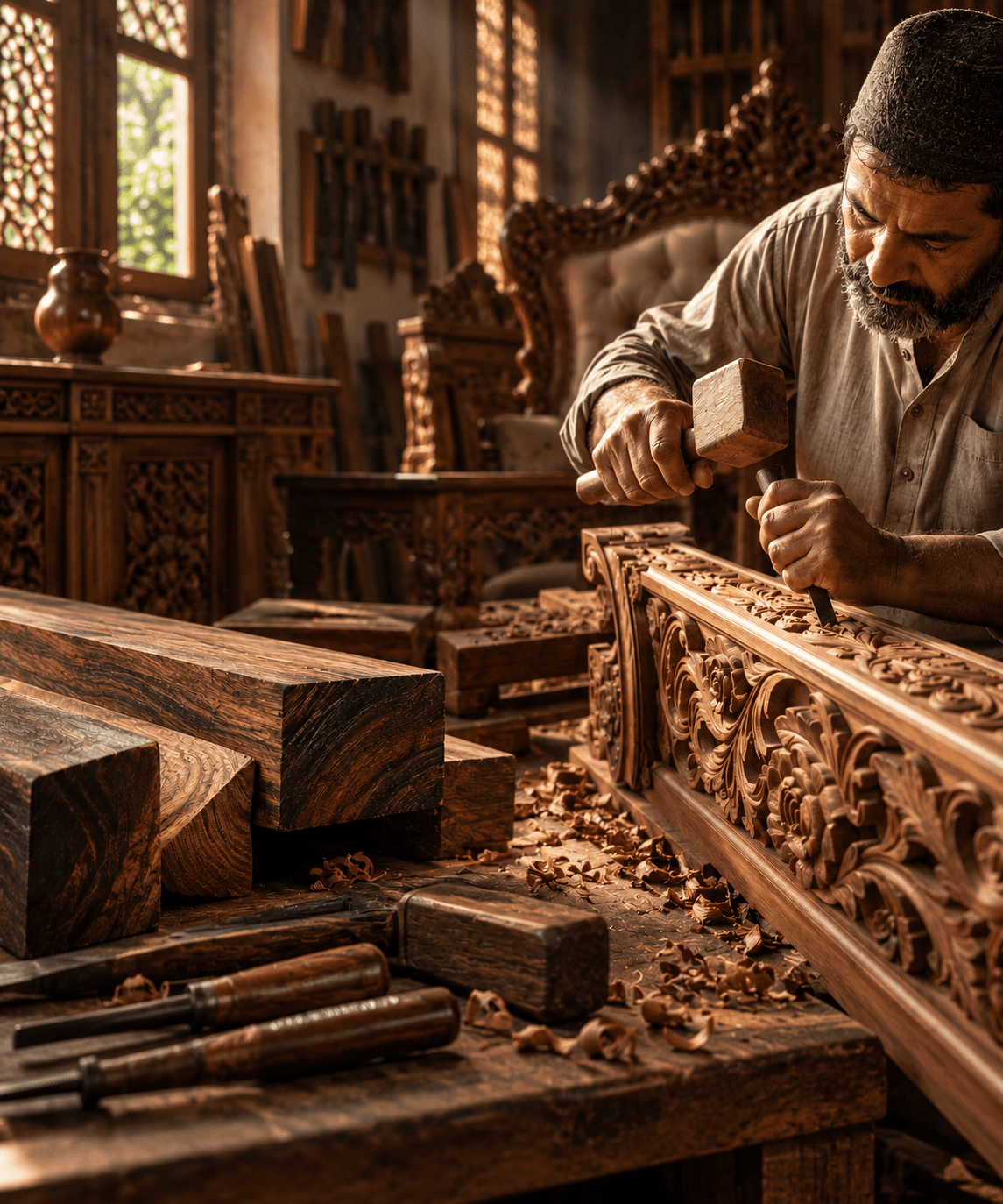A master artisan hand-carving Sheesham wood in the Chiniot workshop